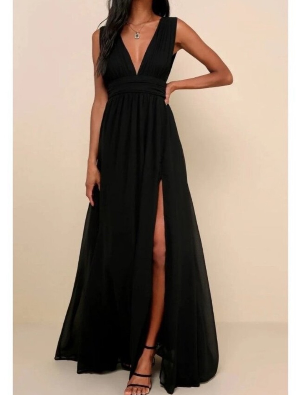LULUS WOMENS BLACK V NECK PLUNGE MAXI FORMAL EVENING DRESS THIGH SPLIT LARGE